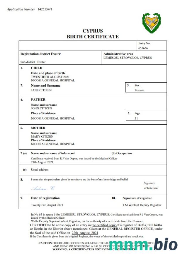 Cyprus narodziny certyfikat Word i PDF szablon